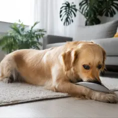 Złoty retriever gryzie poduszkę na dywanie. Dowiedz się, jakie są najskuteczniejsze metody na pozbycie się zapachu psa z kanapy i dywanu, by Twój dom pachniał świeżością.