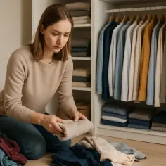 Kobieta składa ubrania, zastanawiając się, czy sprzątanie metodą KonMari faktycznie pomaga utrzymać czystość na lata. Szafa uporządkowana.
