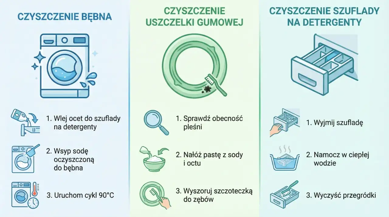 Ilustracja pokazuje jak wyczyścić uszczelkę w pralce z czarnego nalotu bez jej uszkodzenia, używając pasty z sody i octu.