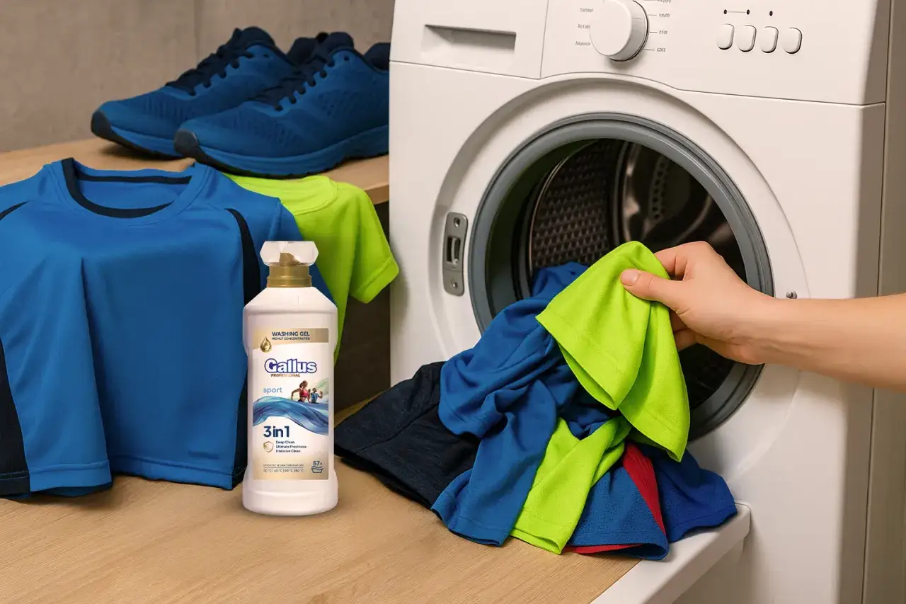 Pranie odzieży sportowej z żelem Gallus. Wrzucanie kolorowych ubrań do pralki.