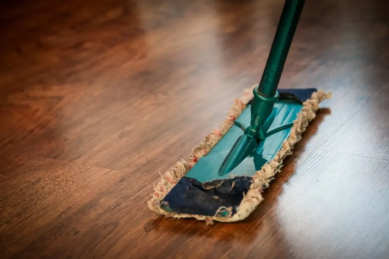 Zielony mop parowy na drewnianej podłodze. Czy mop parowy nadaje się do paneli? Zobacz, jak czyścić podłogę.