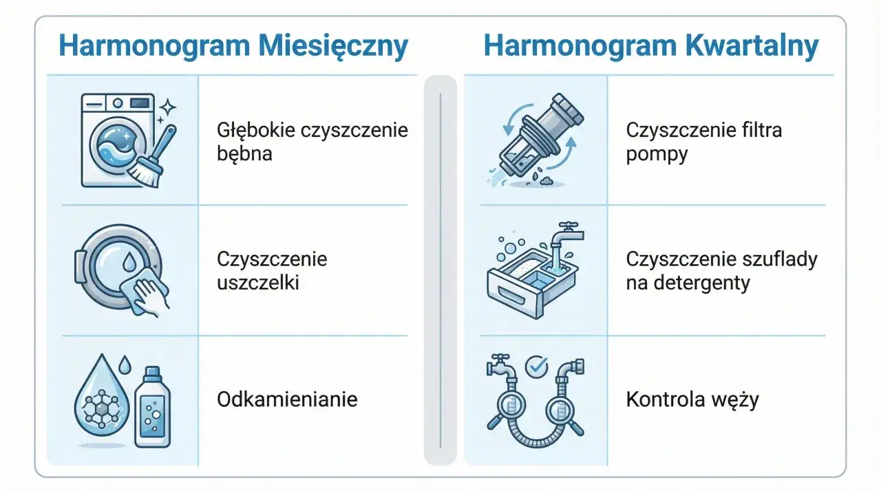 Ilustracja pokazuje, jak wyczyścić uszczelkę w pralce z czarnego nalotu bez jej uszkodzenia. Harmonogramy miesięczne i kwartalne konserwacji pralki.